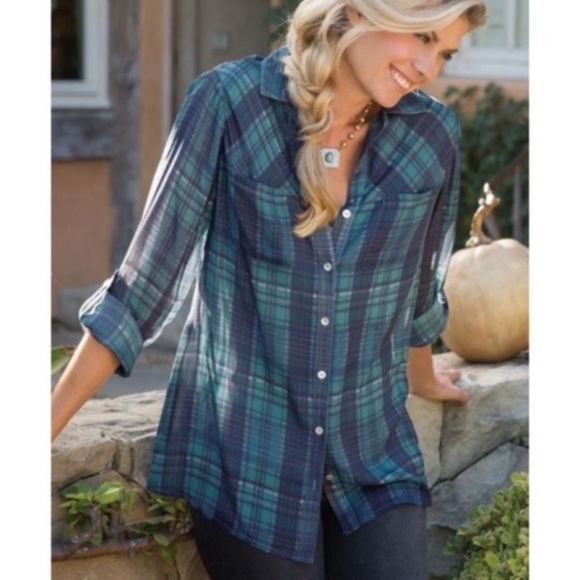 Soft Surroundings Tops - Soft Surroundings Plaid Roll Tab Sleeves Tunic Top